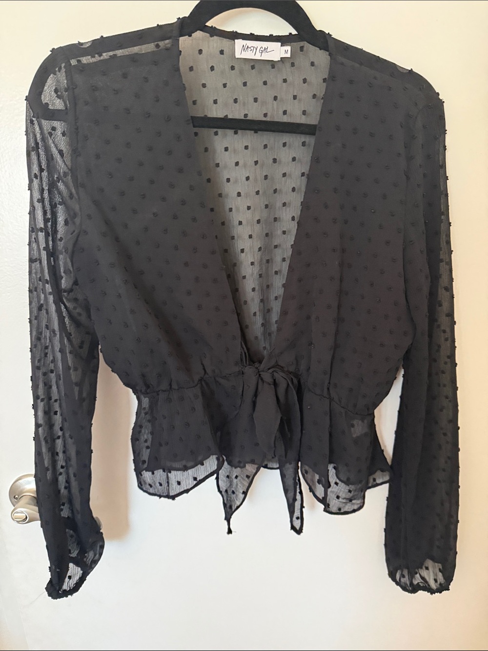 Nasty Gal Black Sheer Swiss Dot Tie-Front Blouse